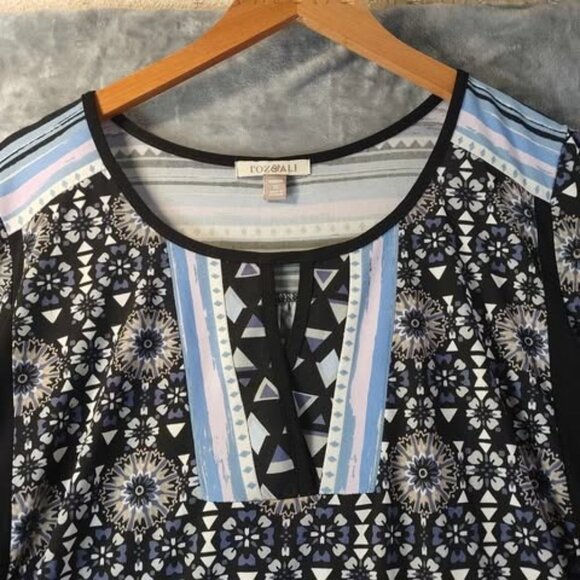 Roz &‎ Ali Mixed Print Boho Tunic Top Black Blue 1X Weekend Casual Everyday Wear - Picture 7 of 10